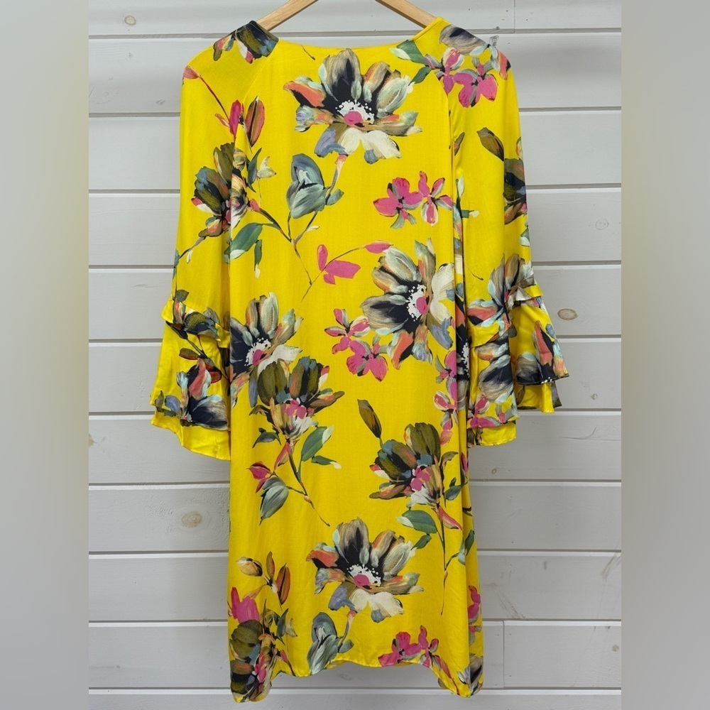 Gianni Bini Dandy Yellow Floral Dress Ruffle Flare Sleeves Women's Large - Picture 5 of 10